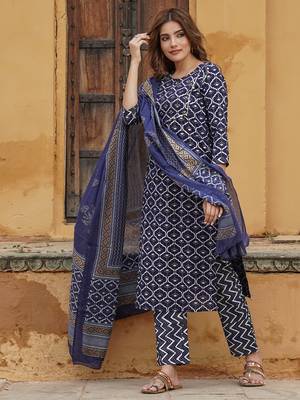 women navy blue geometric straight kurta pant and dupatta set 5