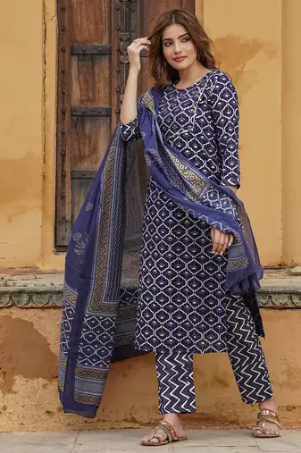 women navy blue geometric straight kurta pant and dupatta set