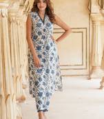 women blue floral straight kurta pant set