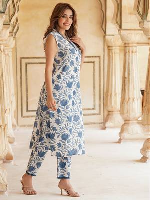 women blue floral straight kurta pant set 2