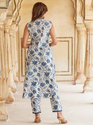women blue floral straight kurta pant set 4