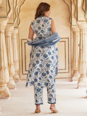 women blue floral straight kurta pant and dupatta set 4