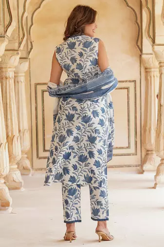 women blue floral straight kurta pant and dupatta set