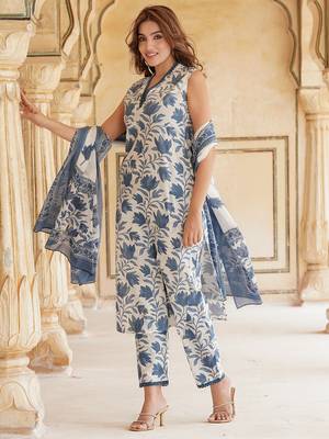 women blue floral straight kurta pant and dupatta set 5