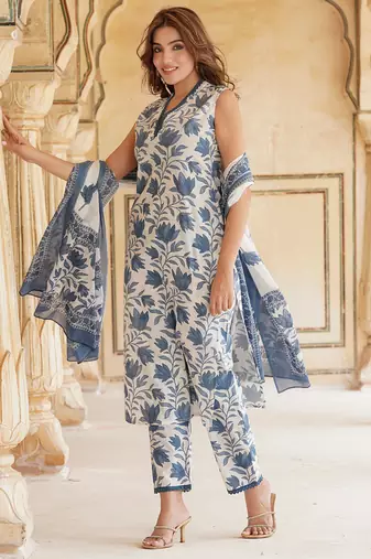 women blue floral straight kurta pant and dupatta set