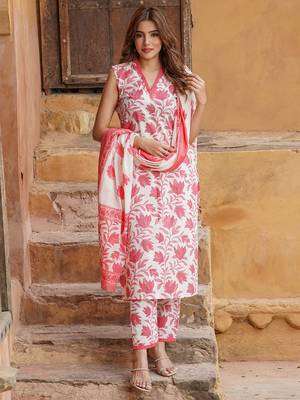 women red floral straight kurta pant and dupatta set 1