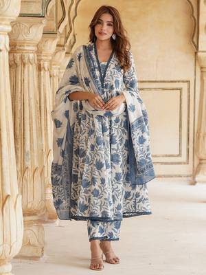 Blue and White Cotton Floral Printed Anarkali Set with Dupatta 1
