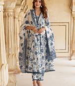 Blue and White Cotton Floral Printed Anarkali Set with Dupatta