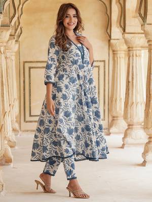 Blue and White Cotton Floral Printed Anarkali Set with Dupatta 3