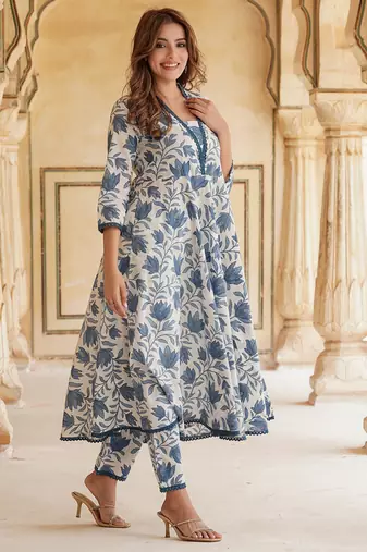 Blue and White Cotton Floral Printed Anarkali Set with Dupatta