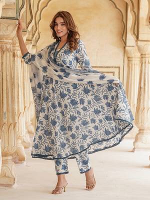 Blue and White Cotton Floral Printed Anarkali Set with Dupatta 4