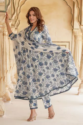 Blue and White Cotton Floral Printed Anarkali Set with Dupatta