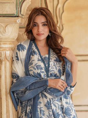 Blue and White Cotton Floral Printed Anarkali Set with Dupatta 5