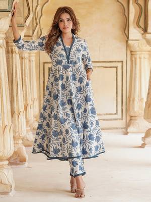 Blue and White Cotton Floral Printed Anarkali Set with Dupatta 6