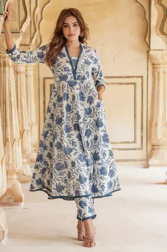 Blue and White Cotton Floral Printed Anarkali Set with Dupatta