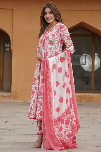 women red floral anarkali kurta pant and dupatta set