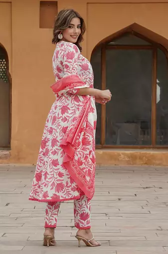 women red floral anarkali kurta pant and dupatta set