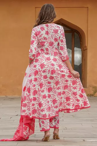 women red floral anarkali kurta pant and dupatta set