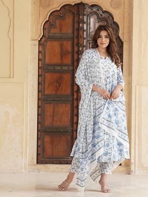 women blue floral anarkali kurta pant and dupatta set 2