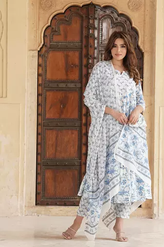 women blue floral anarkali kurta pant and dupatta set