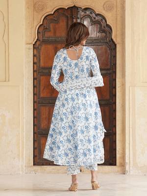 women blue floral anarkali kurta pant and dupatta set 3