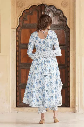 women blue floral anarkali kurta pant and dupatta set