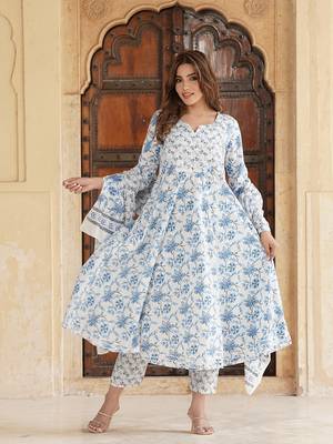 women blue floral anarkali kurta pant and dupatta set 5