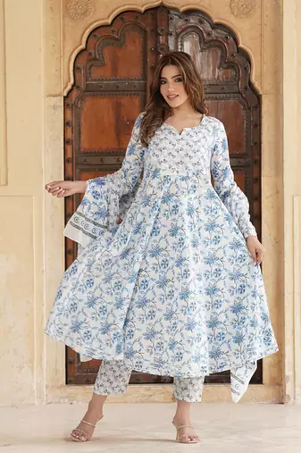 women blue floral anarkali kurta pant and dupatta set
