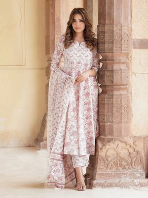 women rust floral anarkali kurta pant and dupatta set 1