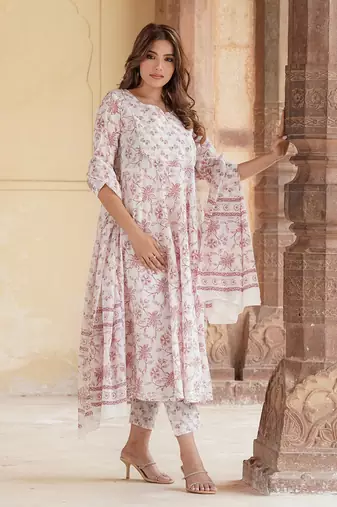 women rust floral anarkali kurta pant and dupatta set