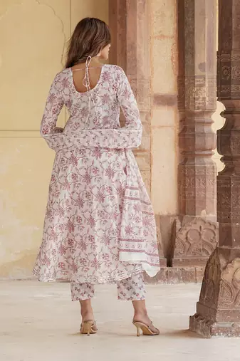 women rust floral anarkali kurta pant and dupatta set