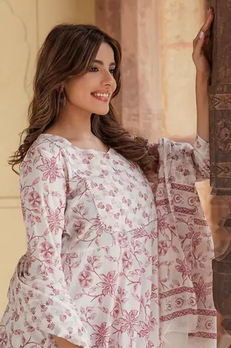 women rust floral anarkali kurta pant and dupatta set
