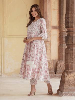 women rust floral anarkali kurta pant and dupatta set 5
