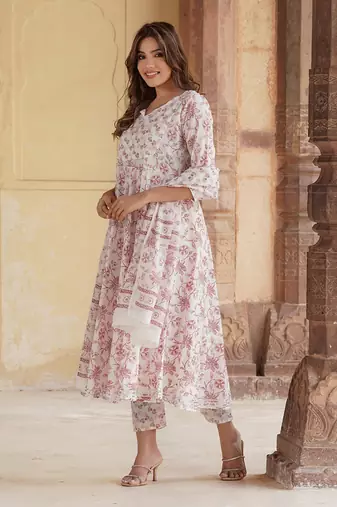 women rust floral anarkali kurta pant and dupatta set