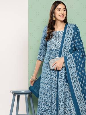 women blue floral anarkali kurta pant and dupatta set 2