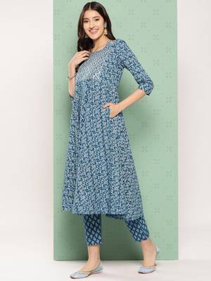 women blue floral anarkali kurta pant and dupatta set 3