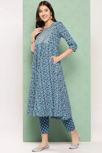 women blue floral anarkali kurta pant and dupatta set