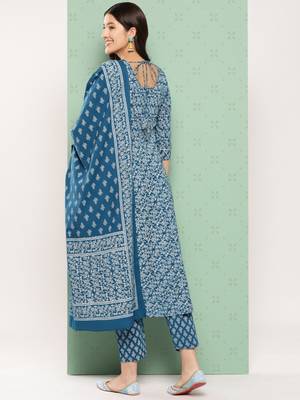 women blue floral anarkali kurta pant and dupatta set 4