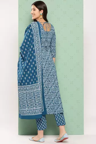 women blue floral anarkali kurta pant and dupatta set