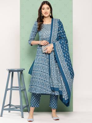 women blue floral anarkali kurta pant and dupatta set 5