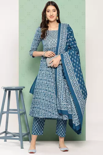 women blue floral anarkali kurta pant and dupatta set