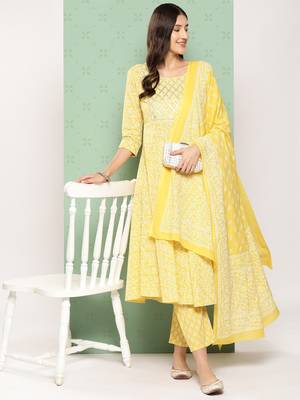 women yellow floral anarkali kurta pant and dupatta set 1