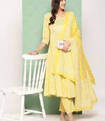women yellow floral anarkali kurta pant and dupatta set