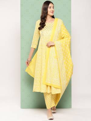 women yellow floral anarkali kurta pant and dupatta set 2