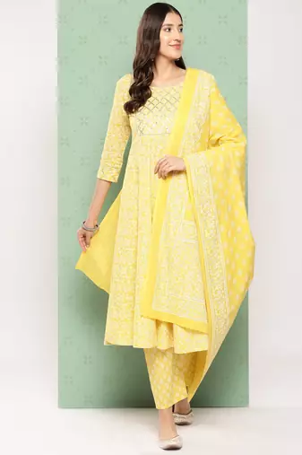 women yellow floral anarkali kurta pant and dupatta set