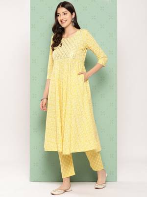 women yellow floral anarkali kurta pant and dupatta set 3
