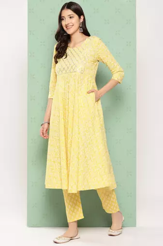 women yellow floral anarkali kurta pant and dupatta set