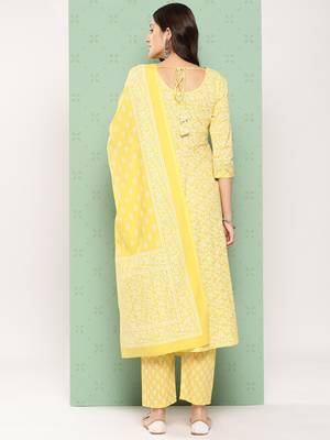 women yellow floral anarkali kurta pant and dupatta set 4