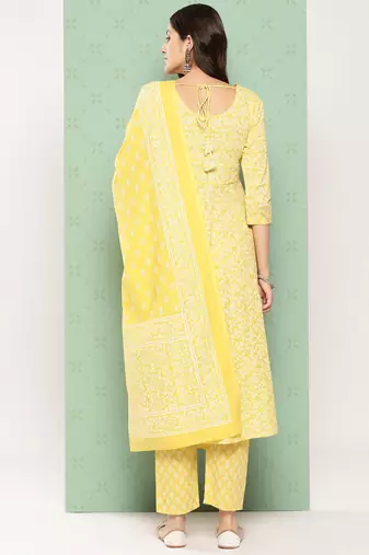 women yellow floral anarkali kurta pant and dupatta set