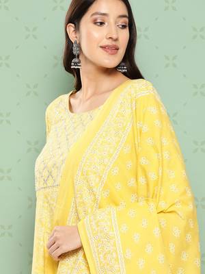 women yellow floral anarkali kurta pant and dupatta set 5